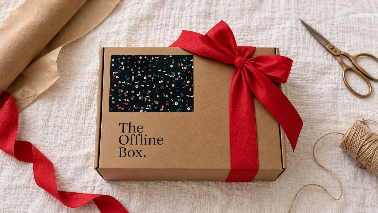 The Offline Box, Christmas Edition: a kraft gift box with a hand-printed lid and a red silk bow