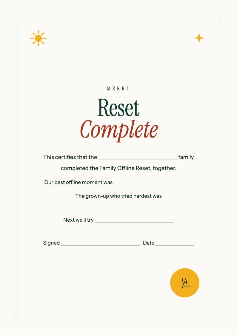 The Reset Complete certificate