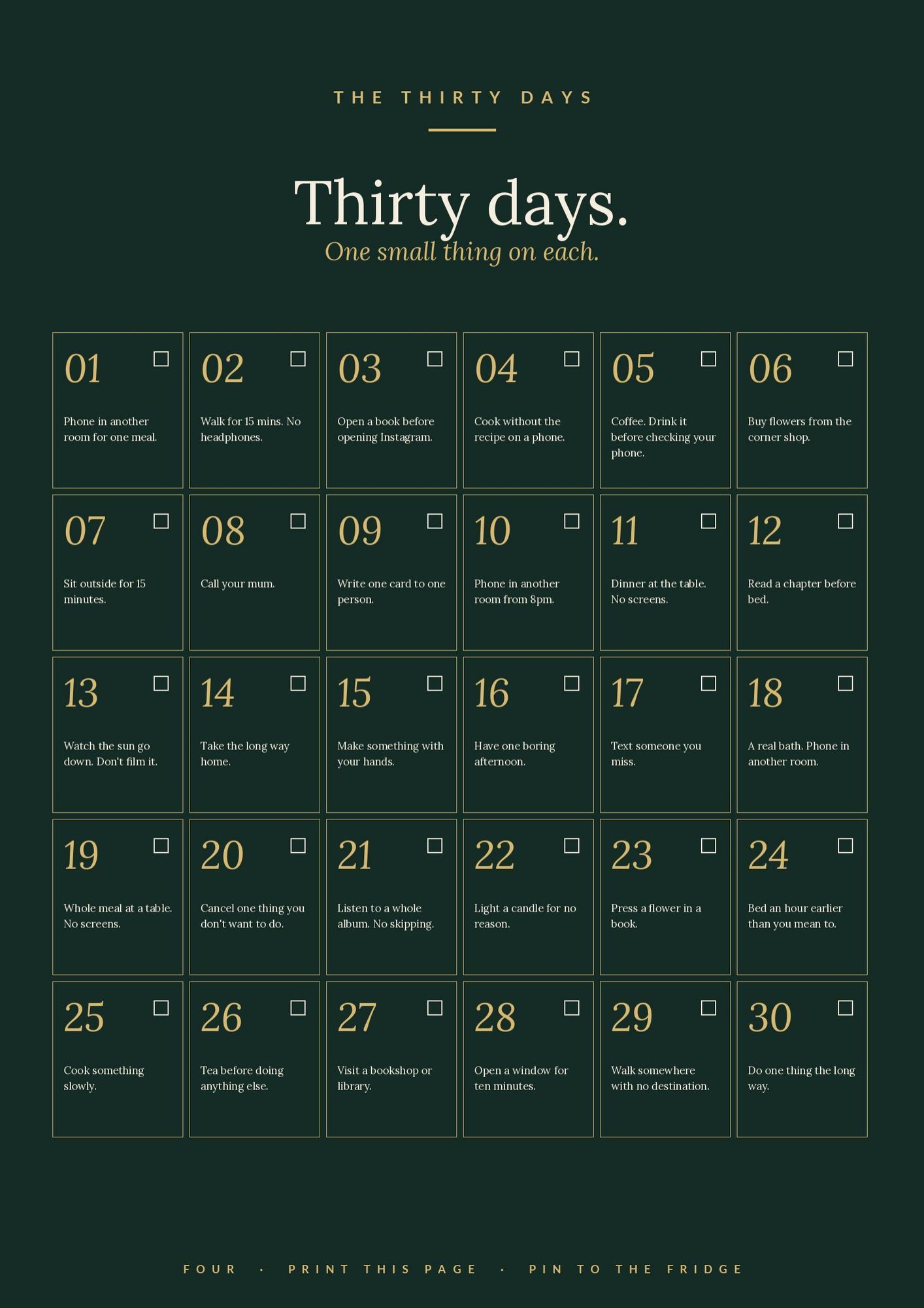 A thirty-day calendar with one small offline act on each day