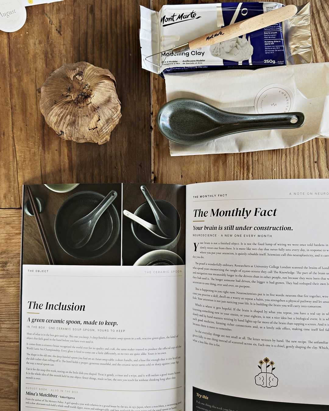 The clay, spoon and black garlic