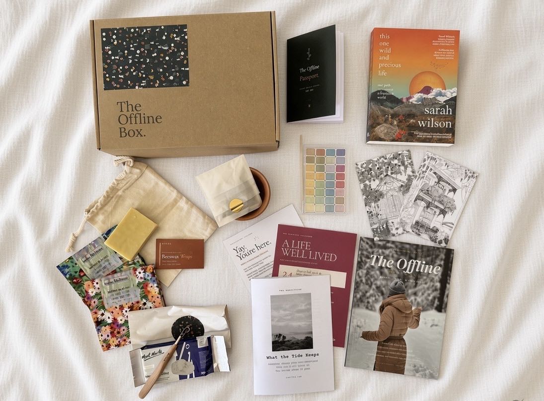 A recent Offline Box laid out, with a book, watercolours, clay and a pot to grow something